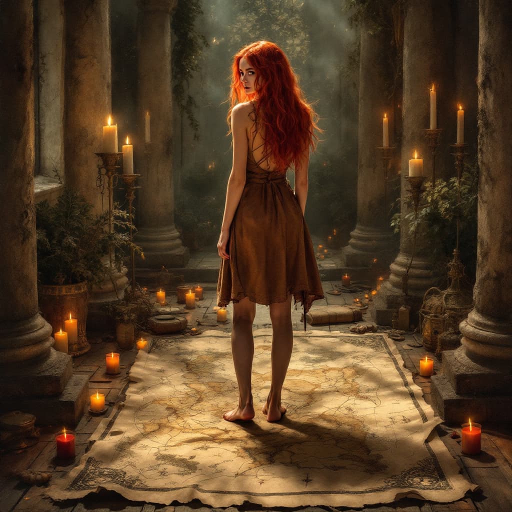 AI generated: red-haired psychic girl in a tunic standing with her back around an atmosphere of magic, candles and...