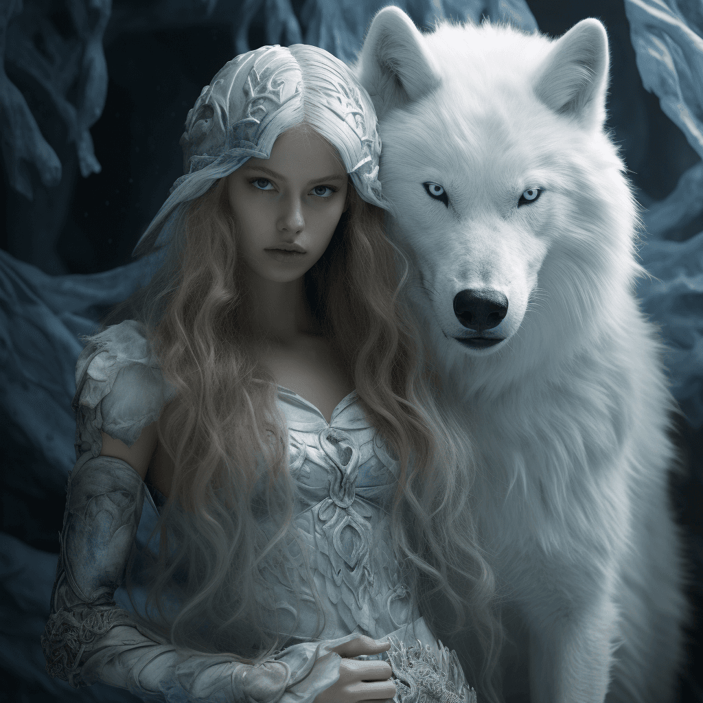 AI generated: female wolf character portrait with long hair and a large eye, in the style of sculptural costumes, ...