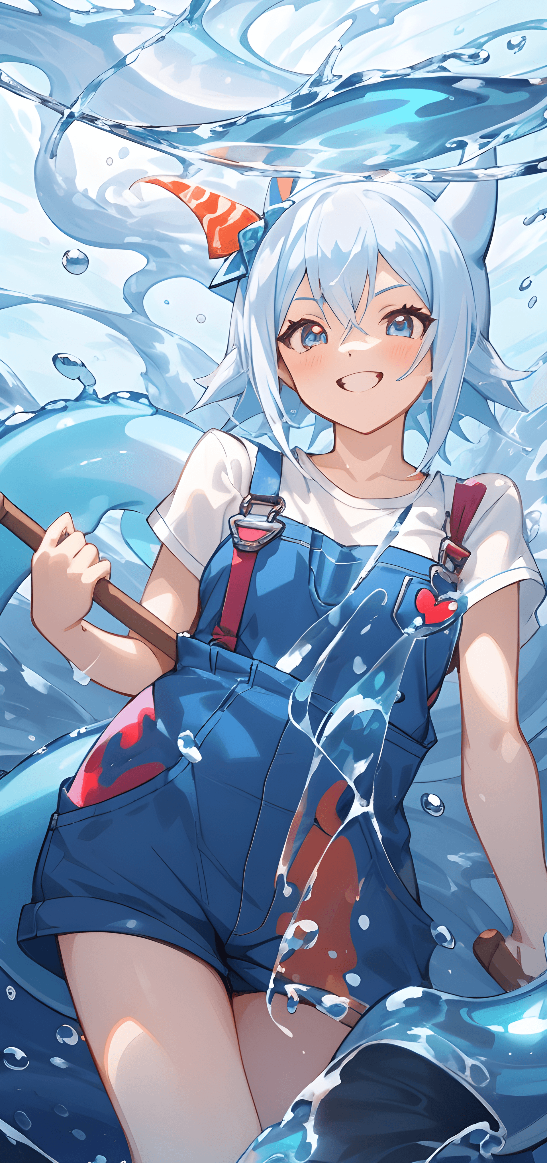AI generated: a woman that is standing in the water, an axe elemental, blue overalls, cheerful colors, girl silver...