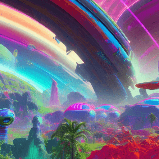 AI generated: A vibrant, colorful world of the future, where mankind, aliens, and AI live in peace and joy. Cinema...