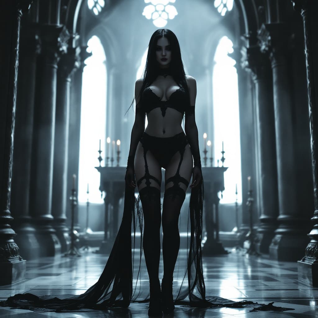 AI generated: Gothic cathedral, transparent black hair gothic style woman, The figure is further from the camera. ...