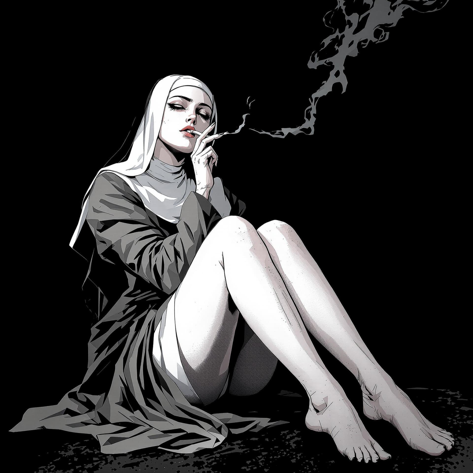 AI generated: Comic book cover illustration, full body shot of a white-haired nun, smoking, knees up, apathetic on...