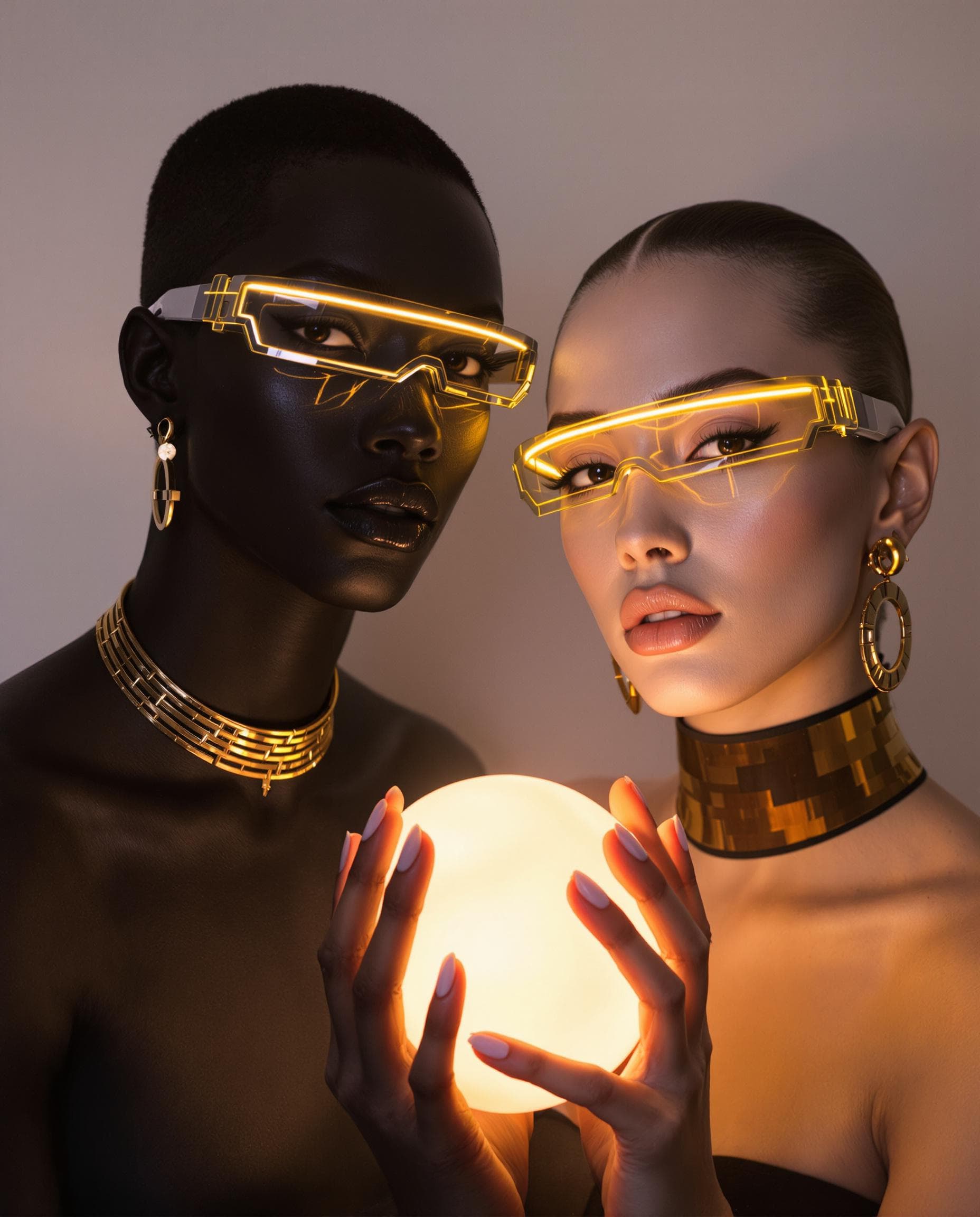 AI generated: Two women with contrasting skin tones black skin white skin and elegant gold jewelry pose gracefully...