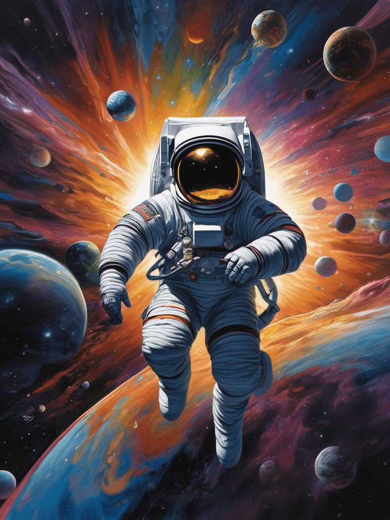 AI generated: A disoriented astronaut, lost in a galaxy of swirling colors, floating in zero gravity, grasping at ...