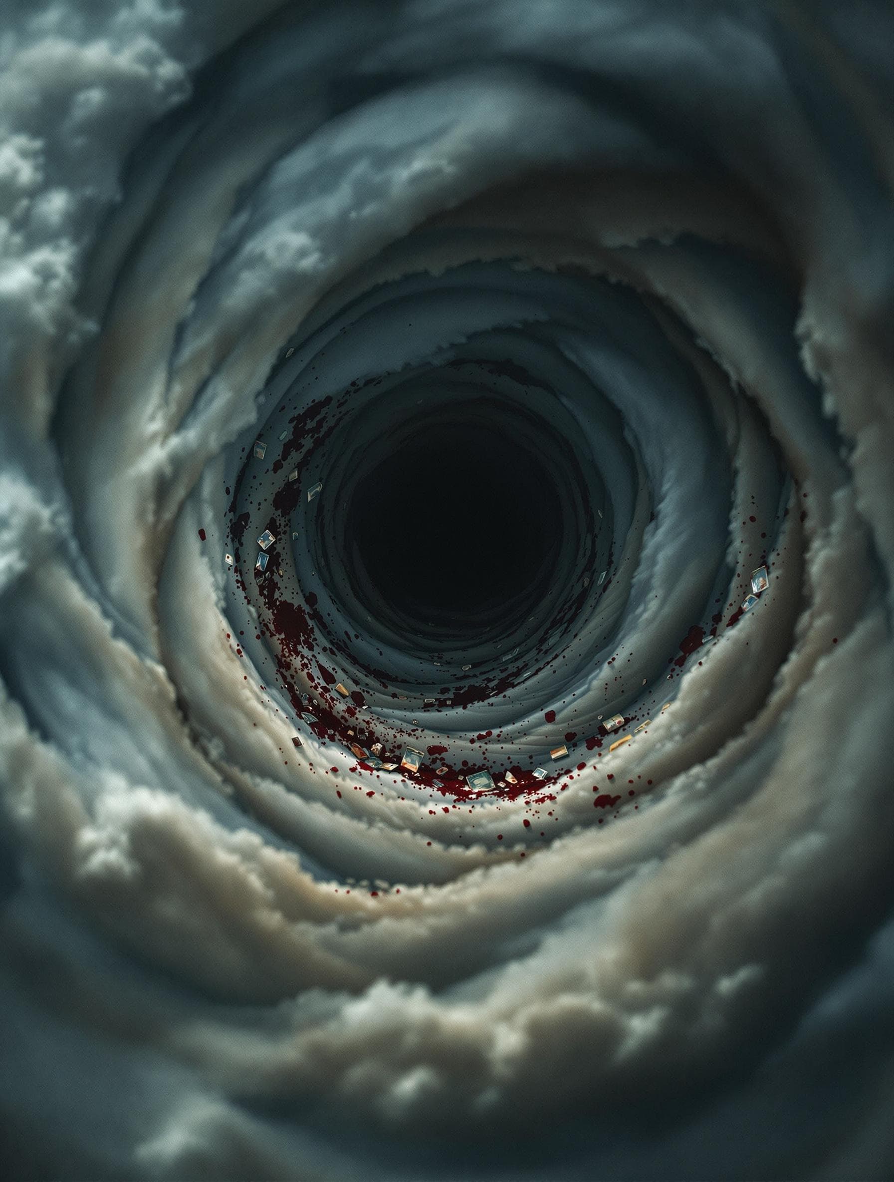 AI generated: Air vortex made of dark storm clouds, such as tornado, view from above to the eye of the cyclone, co...