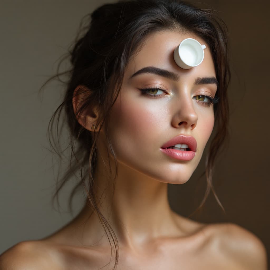 AI generated: A photo model with a small cup stuck to her forehead.