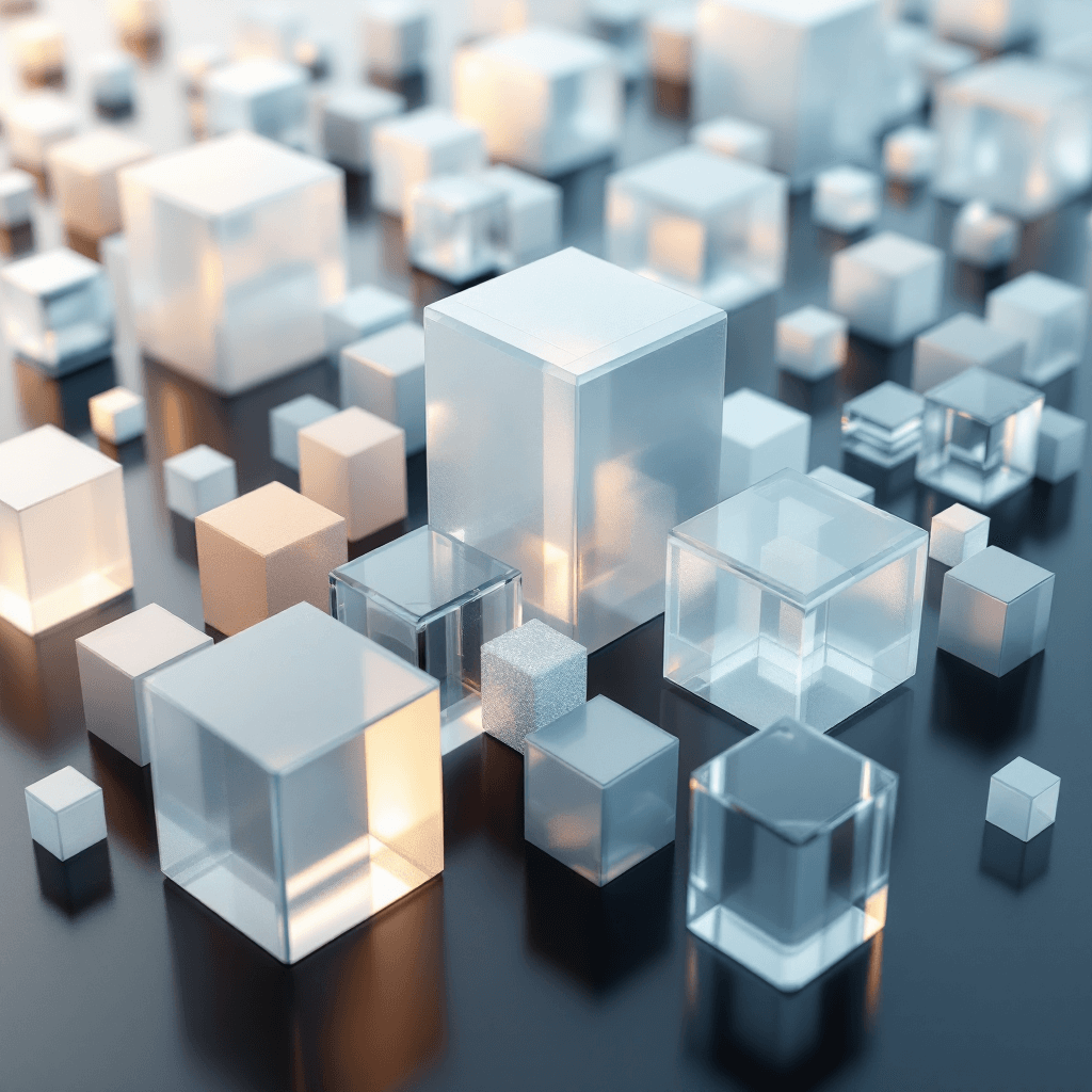 AI generated: 3D geometric shapes composition, translucent cubes in shades of ice blue, soft white and warm beige,...