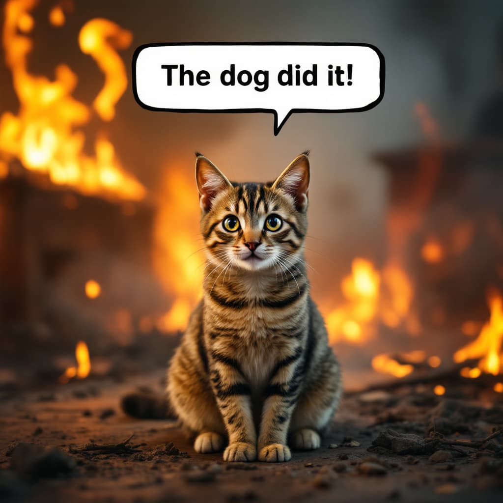 AI generated: A photorealistic image of a calm, innocent-looking cat sitting in the middle of a burning room. Flam...