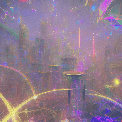 AI generated: cityscape with interconnected nodes representing the fusion of blockchain and AI art., by Agnes Lawr...