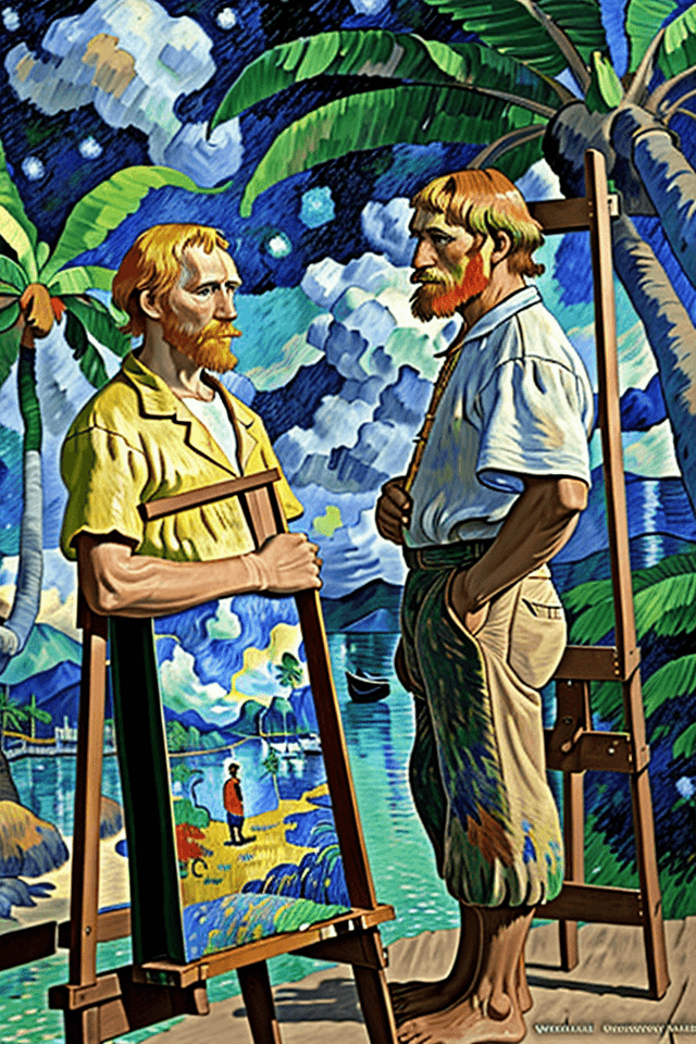 AI generated: Side view Gauguin style  portrait of only two men:  van Gogh and Gauguin standing in front of easel ...