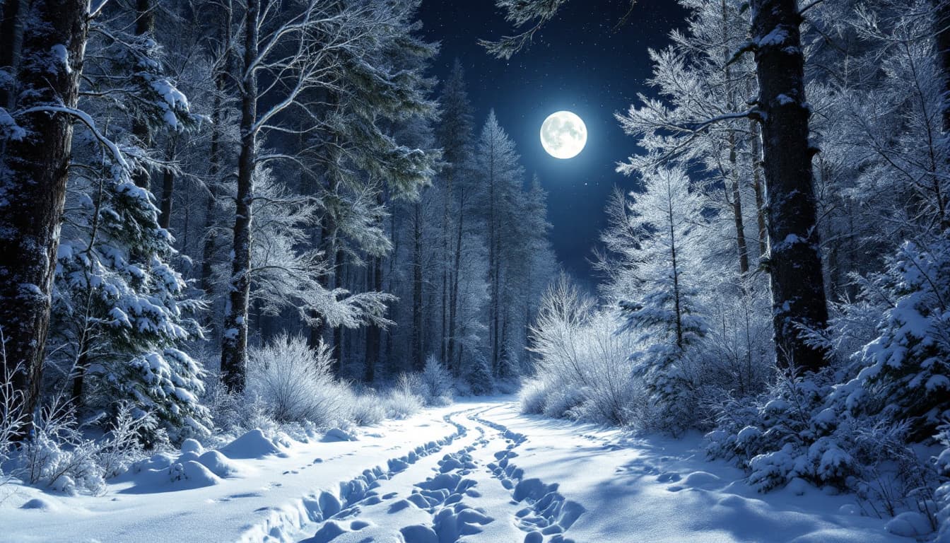 AI generated: Imagine a quiet winter night deep in a dense forest, blanketed in soft, pristine snow. The moon is f...
