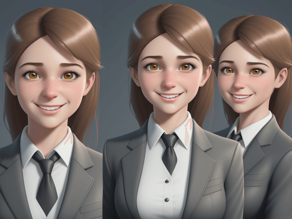 AI generated: a young girl in a business suit with a happy expression, in the style of unreal engine 5, cartoonish...