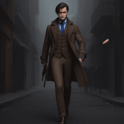 AI generated: male, hero, detective, mystic, full body portrait, highly detailed, without blur, black hair, hazel ...