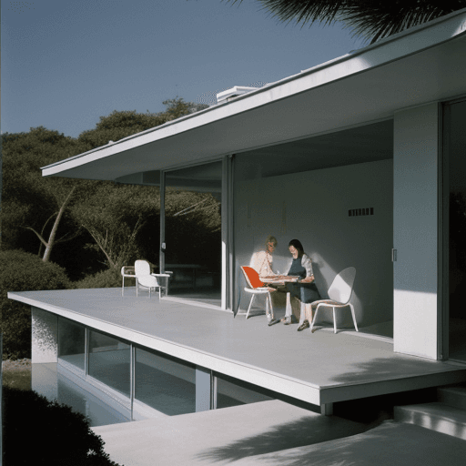 AI generated: Hyper realistic eye level exterior photo of a mid century modern style house overlooking the ocean, ...