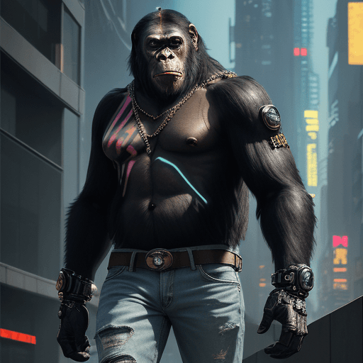 AI generated: king of apes, fashion casual ape, sneakers, sunglasses, jeans pants, futuristic background, full fig...