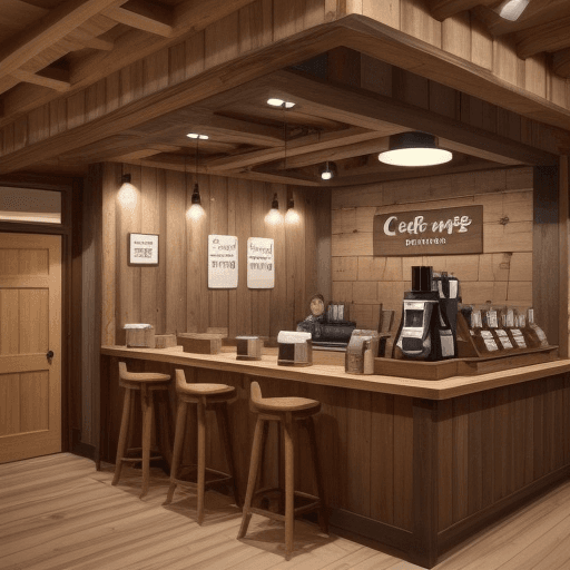 AI generated: Generate an image of a wooden-style cafe serving hatch. The serving hatch is built into a wall, so i...