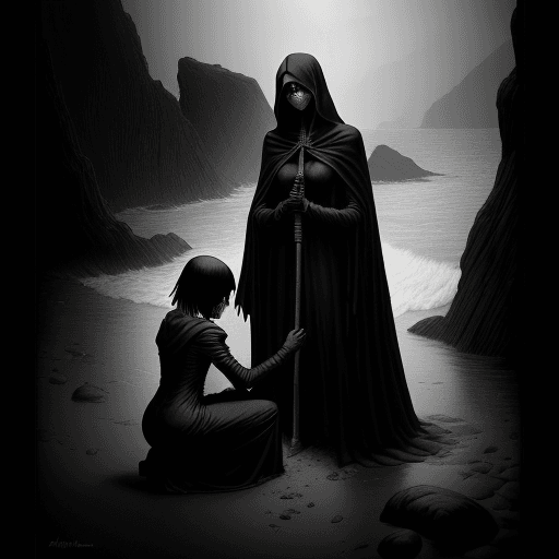 AI generated: black and white illustration of the grim reaper standing over a terrified woman on her knees in a ro...