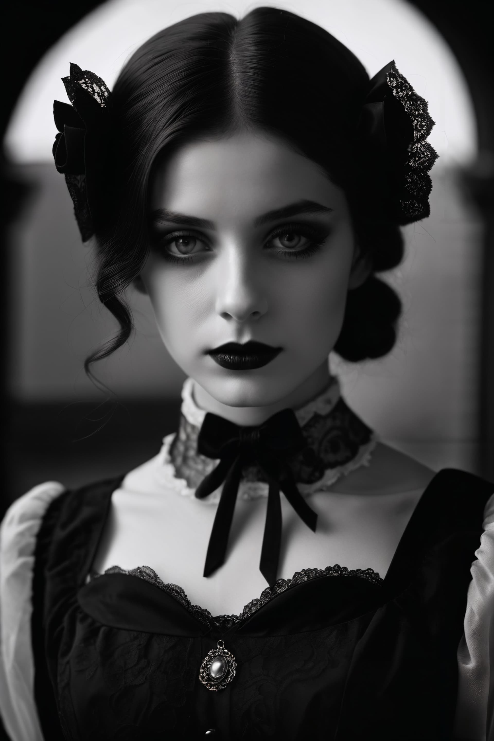 AI generated: Black and White Portrait of a Young gothic lolita, grimdark style, Woman, grimdark style, Close-up, ...