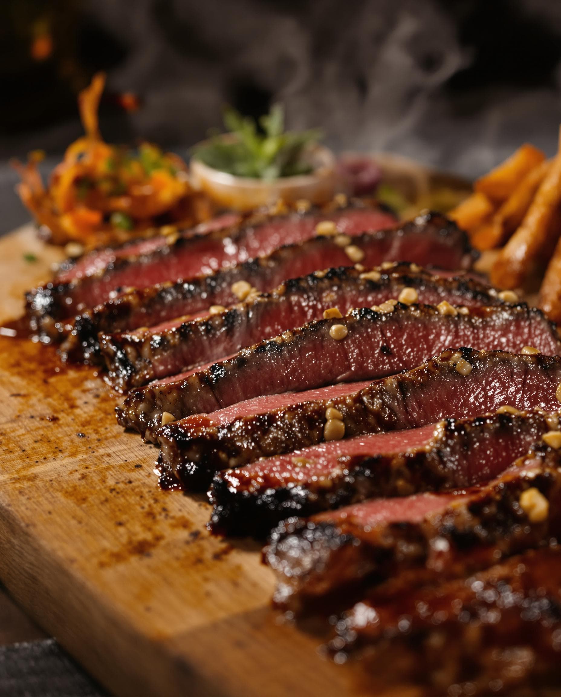 AI generated: Capture a close-up shot of a mouth-watering sliced beef medium rare barbeque , exuding tempting allu...