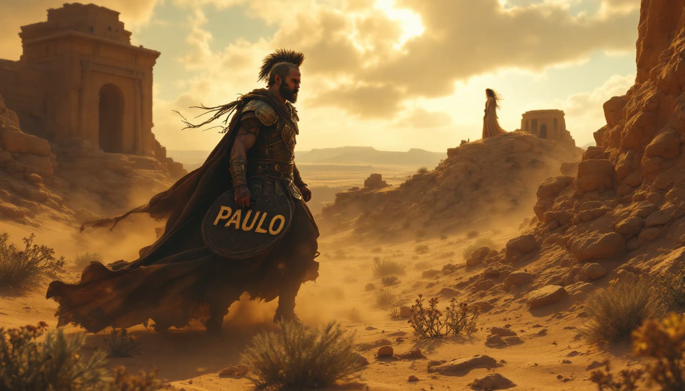 AI generated: "Cena de filme bíblico épico: um guerreiro ferido "PAULO", vestindo uma armadura marcada por batalha...
