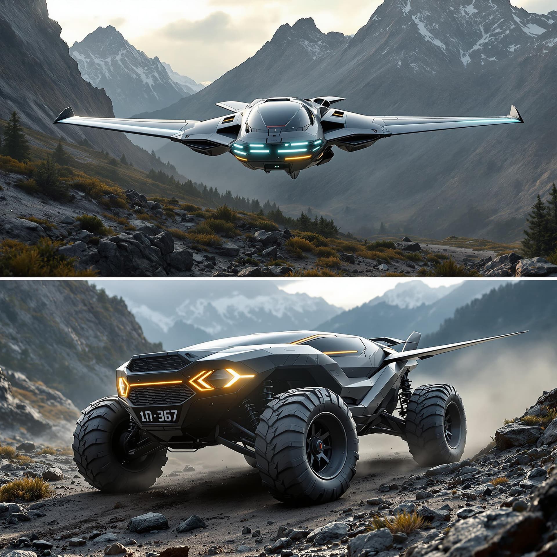 AI generated: A hyper-realistic image of an advanced flying car designed for off-road use, seamlessly transitionin...