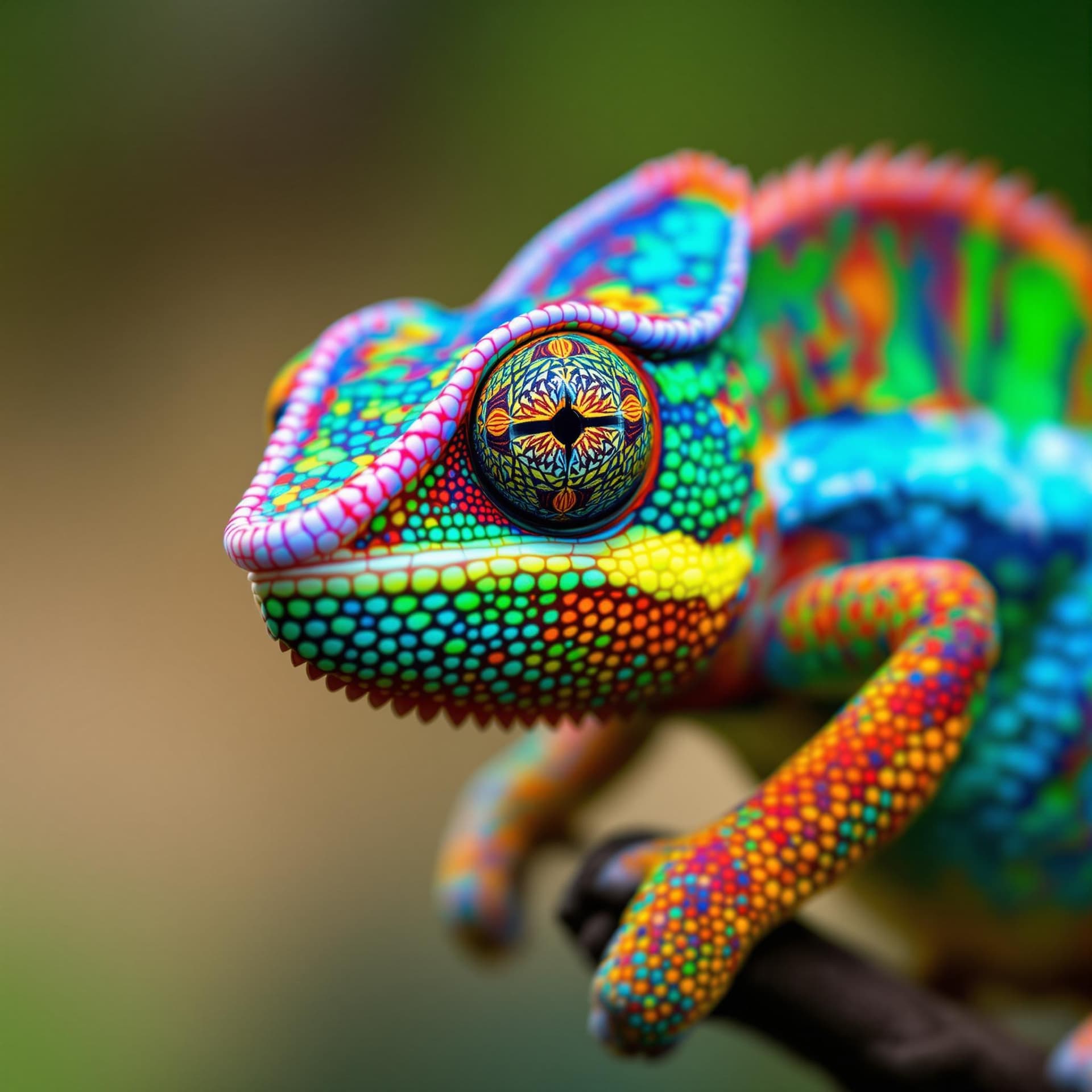 AI generated: The image features a close-up view of a colorful chameleon perched on a branch. The chameleon is viv...