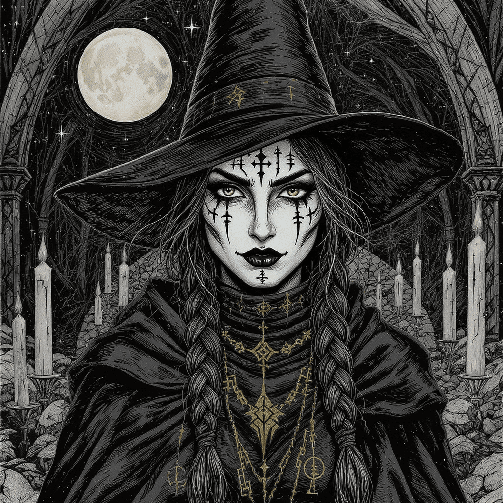 AI generated: drawing of a Witch with braided hair, wearing glyphs painted on her face, in her long black braid, l...