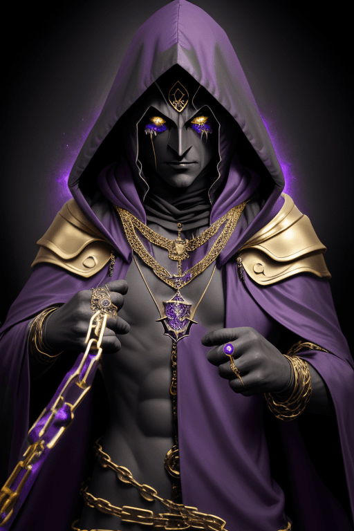 AI generated: Shadow wizard, in purple cloak hood, dark face, gold chains and jewellery