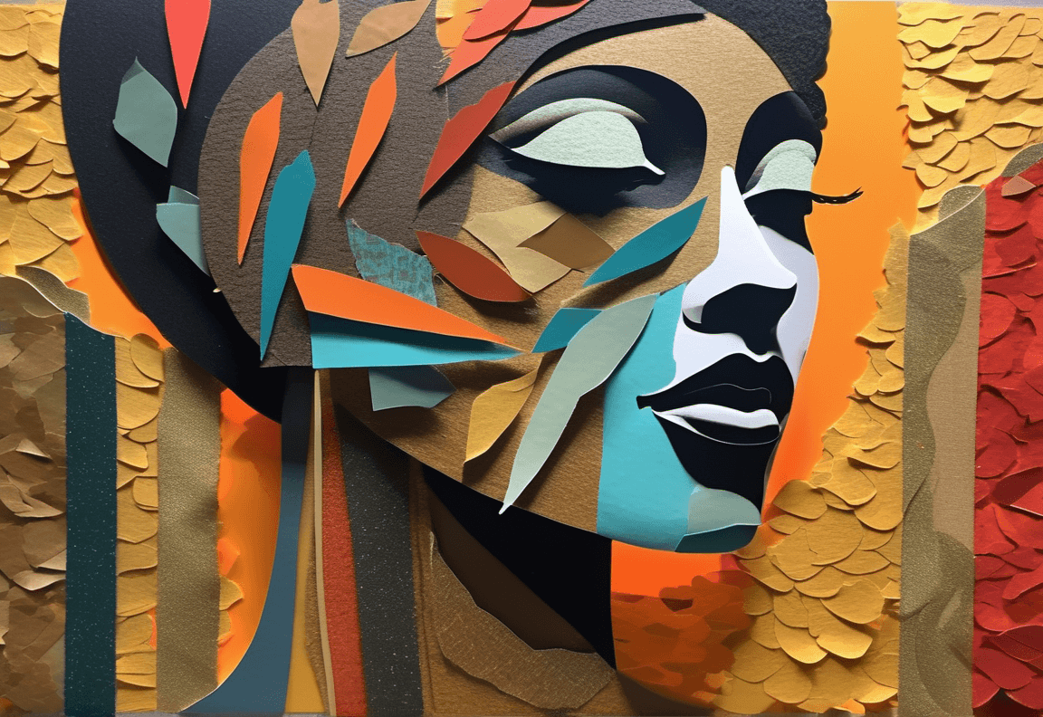 AI generated: gorgeous mysterious woman, Papercut collage, Mixed media, textured paper, overlapping with big shade...
