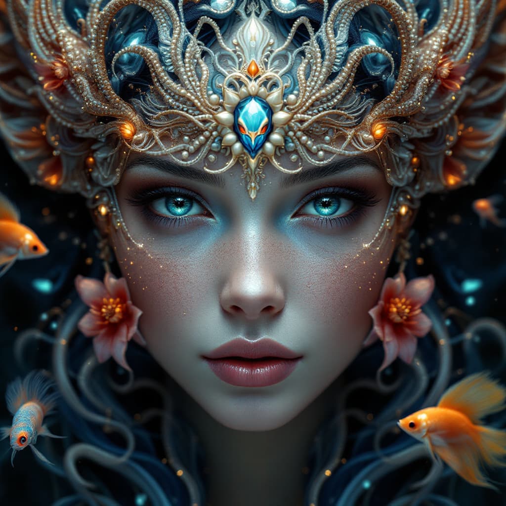 AI generated: Goddess close-up portrait ribcagel. jellyfish phoenix head, nautilus, orchid, skull, betta fish, bio...