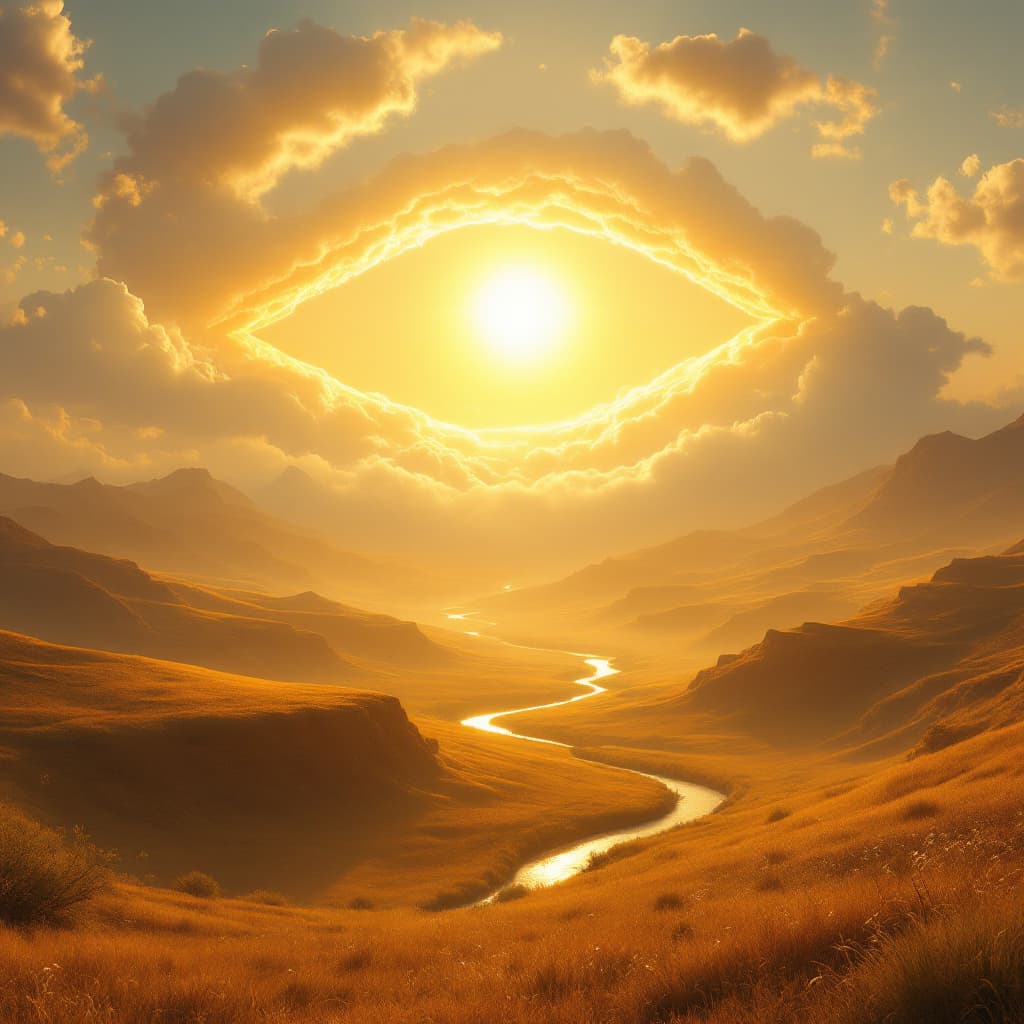 AI generated: A surreal, bright, hyperrealistic landscape bathed in golden morning light. Puffy clouds form a gent...