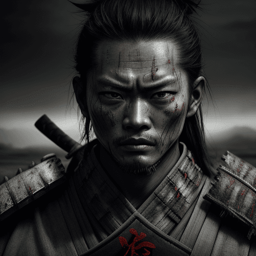 AI generated: Samurai looks at the enemy, stands after the battle, fear and horror on his face, tired and beaten, ...