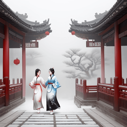 AI generated: Two women walking in a Chinese garden, wearing Hanfu and flowing robes, in the style of Chinese ink ...