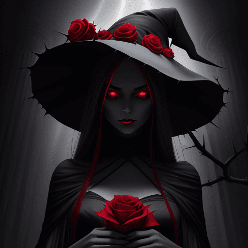 AI generated: Dark Witch, Grey aura, black and red dress, Dark red roses with thorns witch hat, , Warm Color Palet...