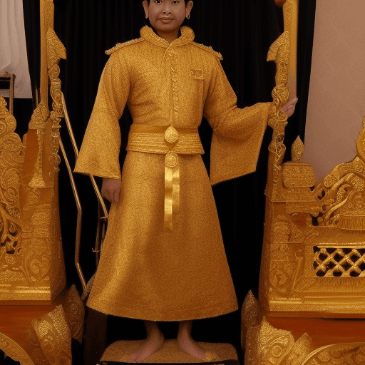 AI generated: Majapahit emperor, gold outfit, Long robe, earrings, throne