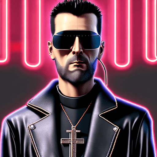 AI generated: cyberpunk, priest, man wearing leather coat and aviator sunglasses, look into you, black short hair,...