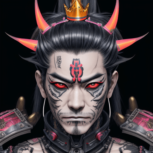 AI generated: photo of a Japan King, half robot face like a devil neon punk Devil, full tattoo in arm, random hair...