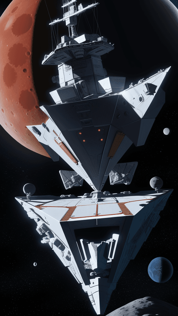 AI generated: Illustration of a spaceship orbiting the moon, angular shapes, detailed ship, high resolution