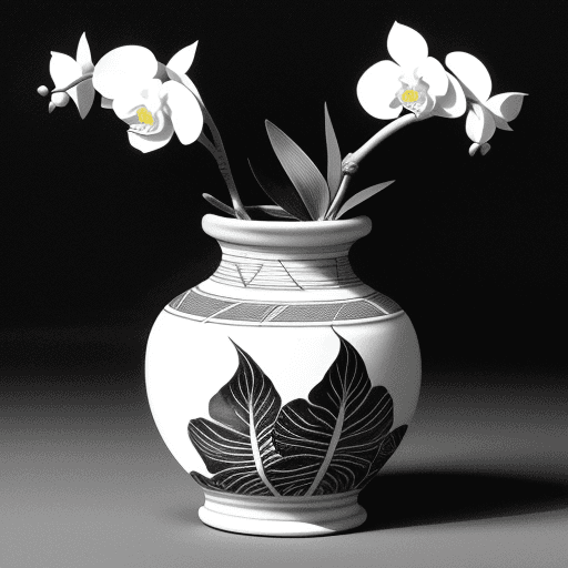 AI generated: For all Oriental orchid leaves on the pottery, draw thin and sharp three lines drooping downwards an...