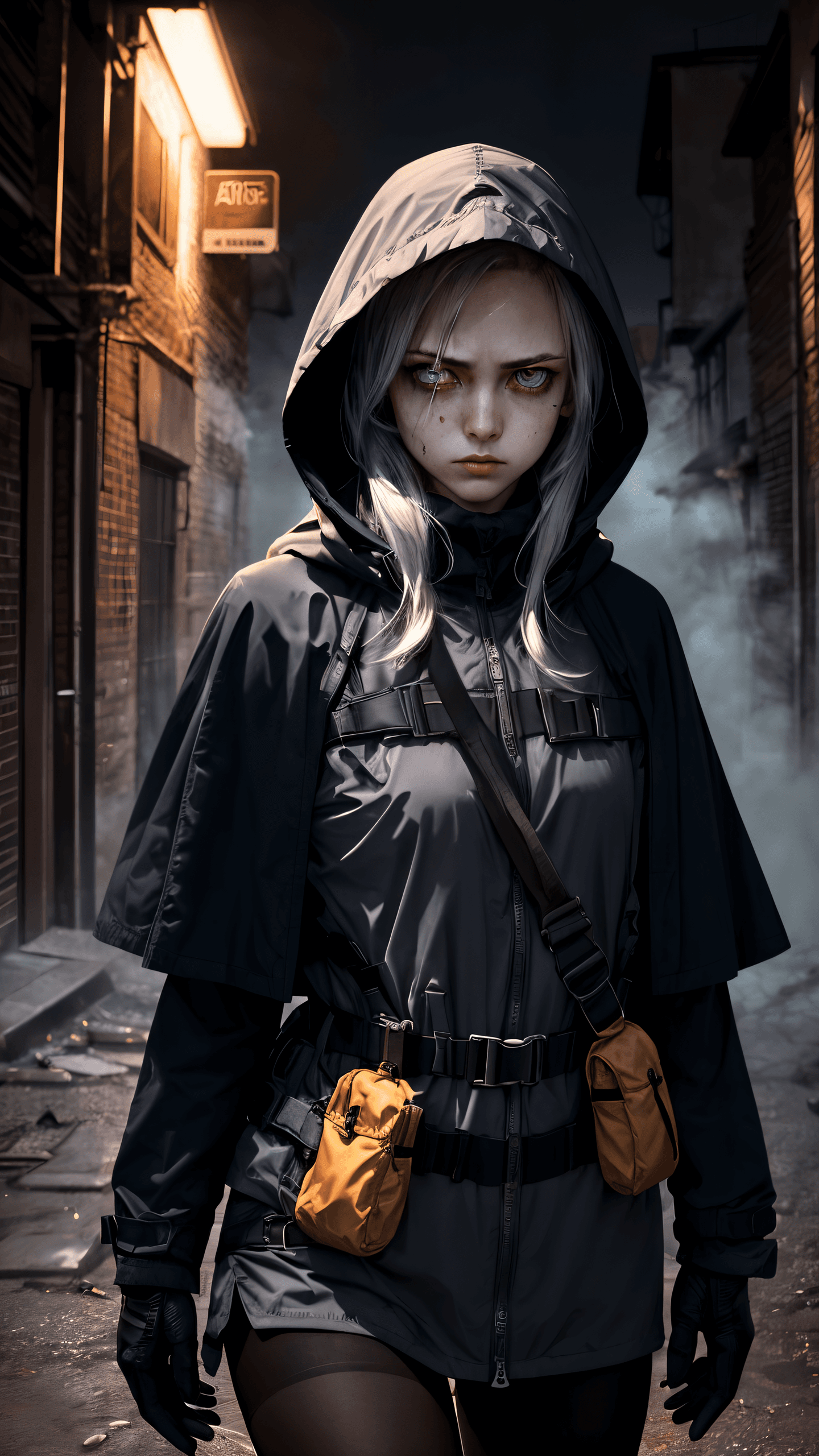 AI generated: best quality, masterpiece, illustration, single girl, cowboy shot, skinny pale skin, detailed messy ...