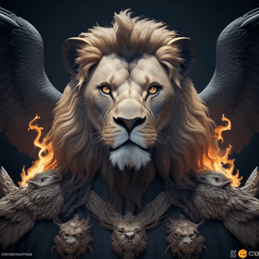 AI generated: creature close-up portrait angle. whole body, 4 heads in one, lion head, human head, ox head, eagle ...