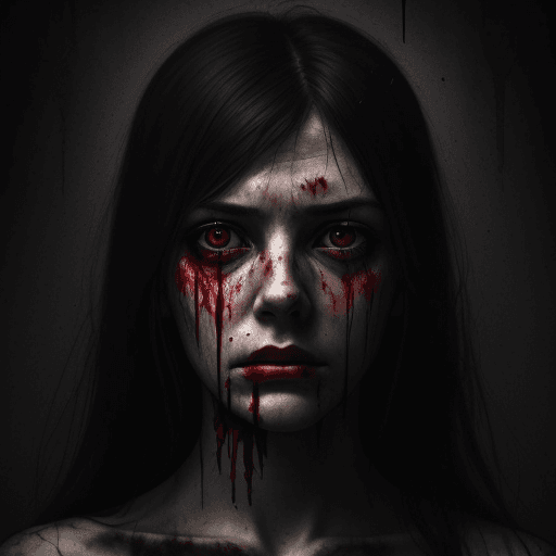 AI generated: make an portrait of a brutal women with blood over them, make them realistic,  broken, absolutely al...