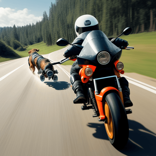 AI generated: dog chasing a realistic motorcicle 
