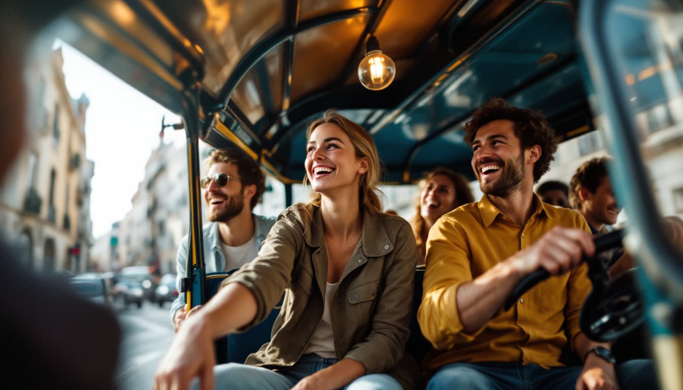 AI generated: A photograph of a group of people in a Tuktuk in Lisbon doing a sightseeing tour on a company retrea...