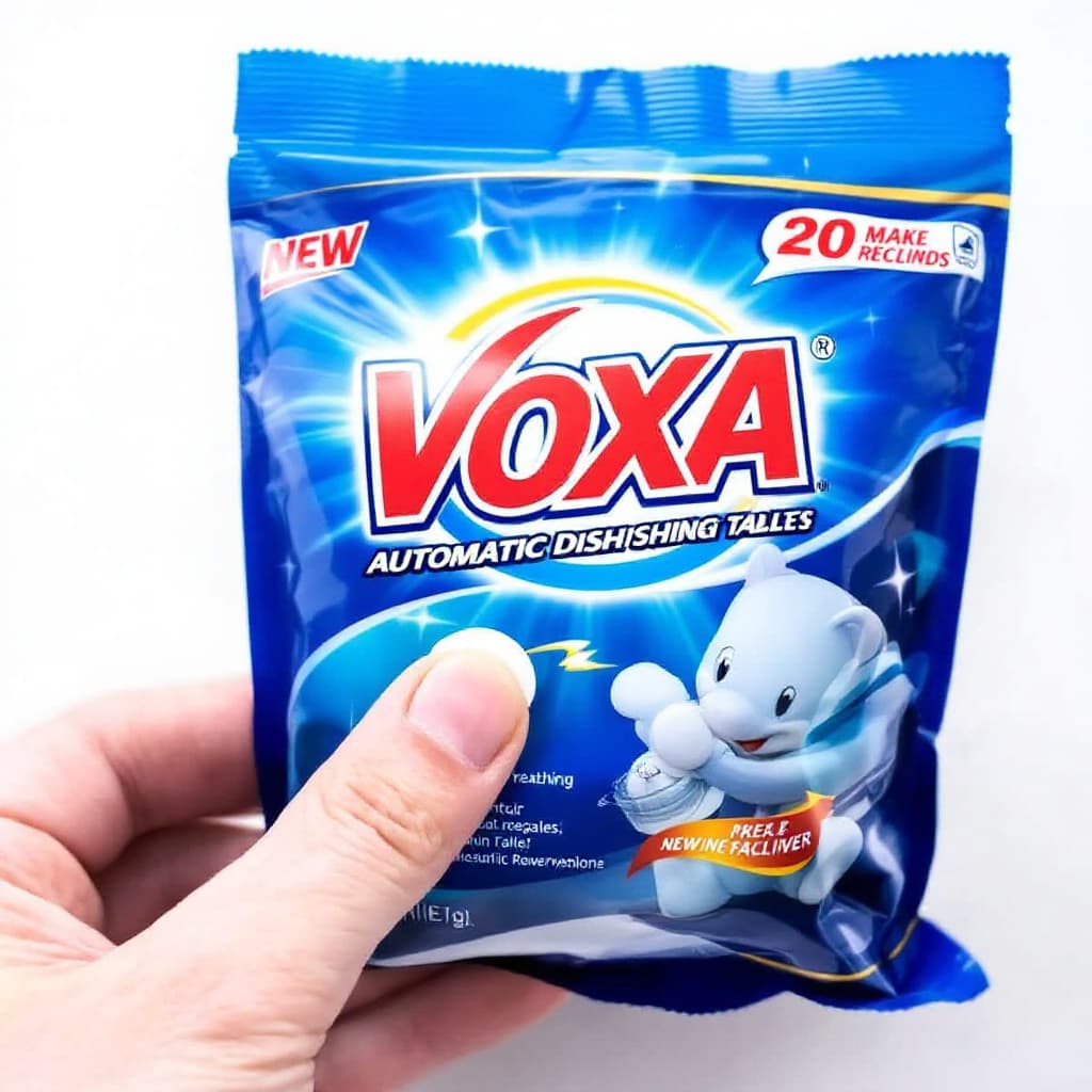 AI generated: Make a bag of automatic dishwashing tablets, brand name VOXA.
