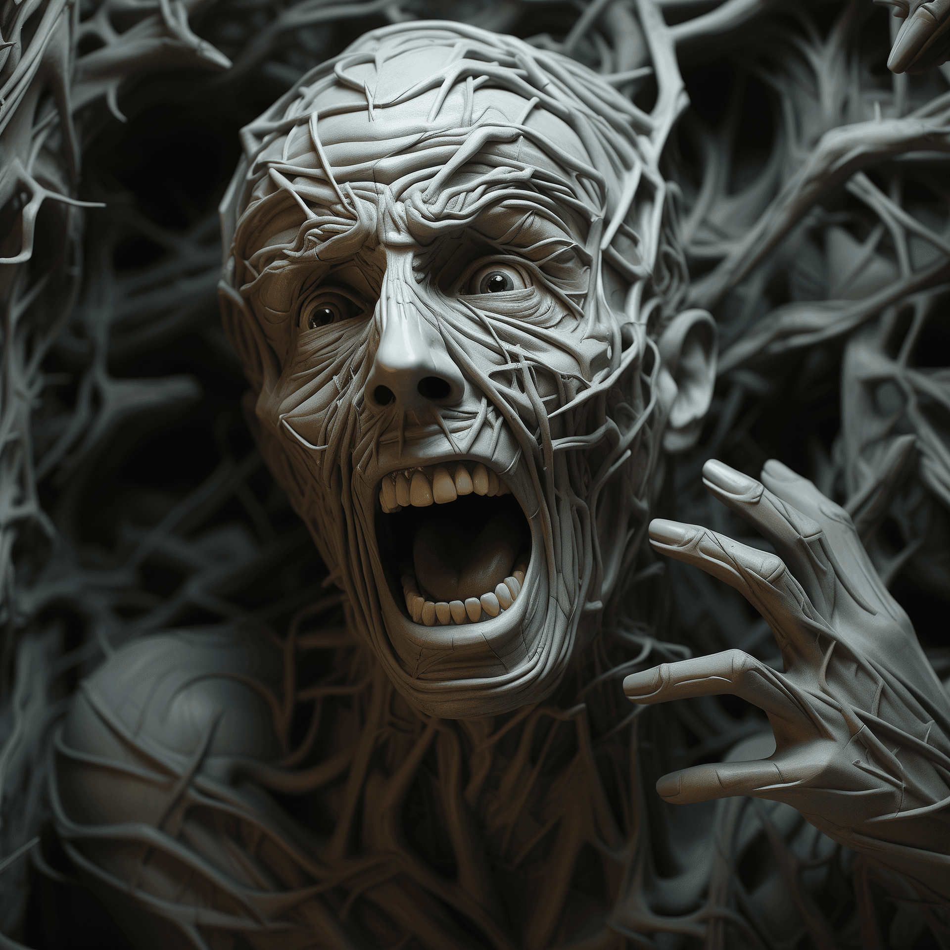 AI generated: A man, bent in twisted unrealistic ways, his face is in shock, unsettling scene, bent and twisted ar...