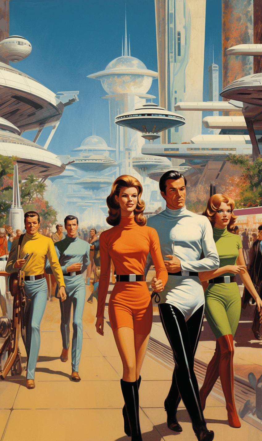 AI generated: People in colorful outfits walking through the futuristic city of Star Trek, with space ships and ta...