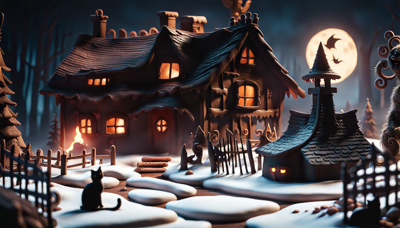 AI generated: insanely detailed flat illustration, 3d,  Hansel und Gretel, (crooked ugly witch and cauldron motive...