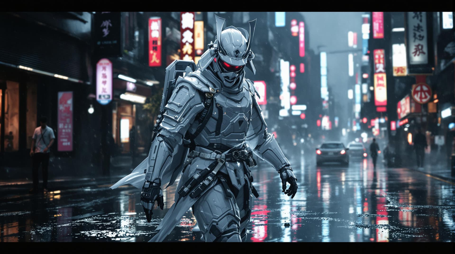 AI generated: a majestic samurai in shiny white cyberpunk techwear samurai armor, bladerunner city street backgrou...