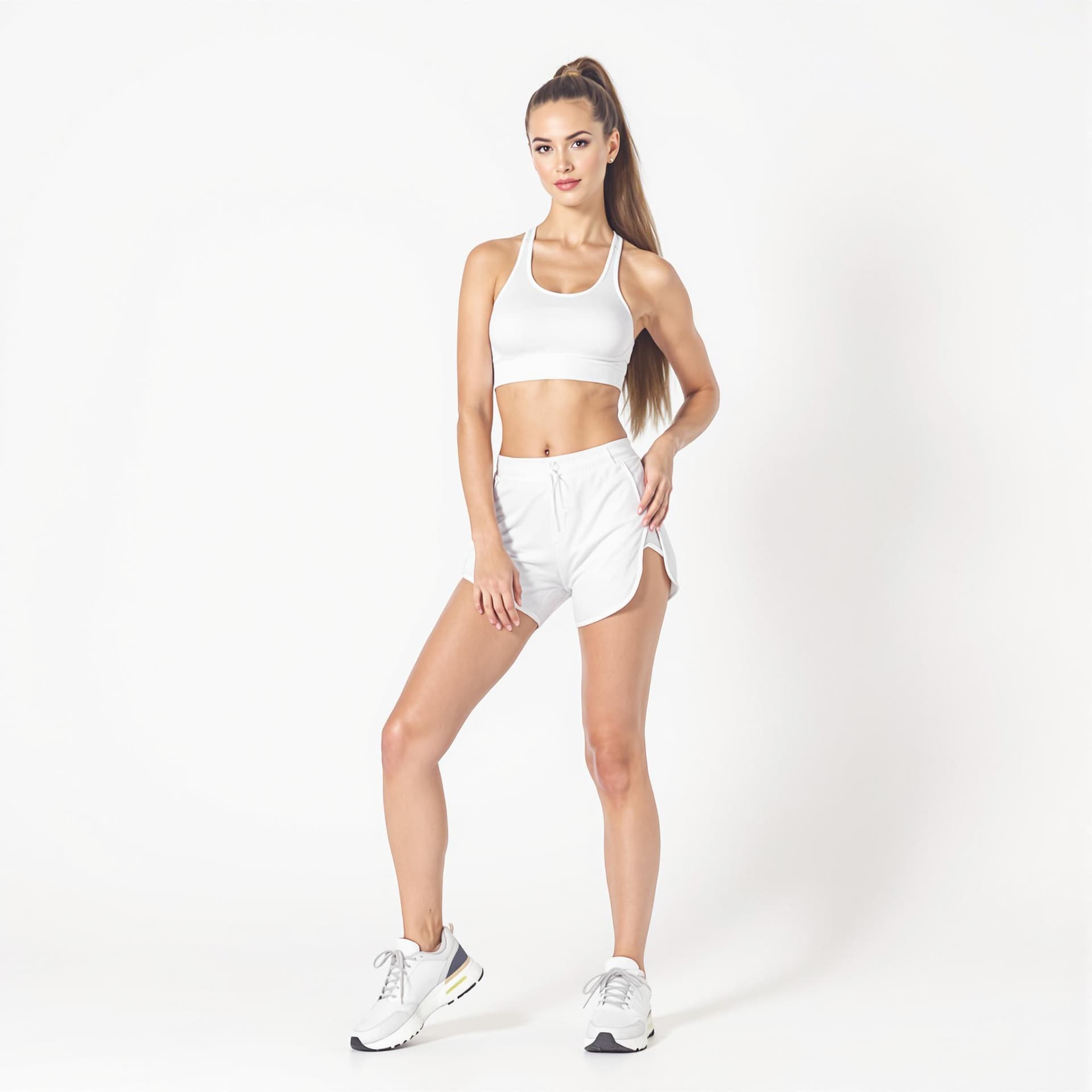AI generated: a professional photograph of a woman posing against a white backdrop. She is wearing a white sports ...